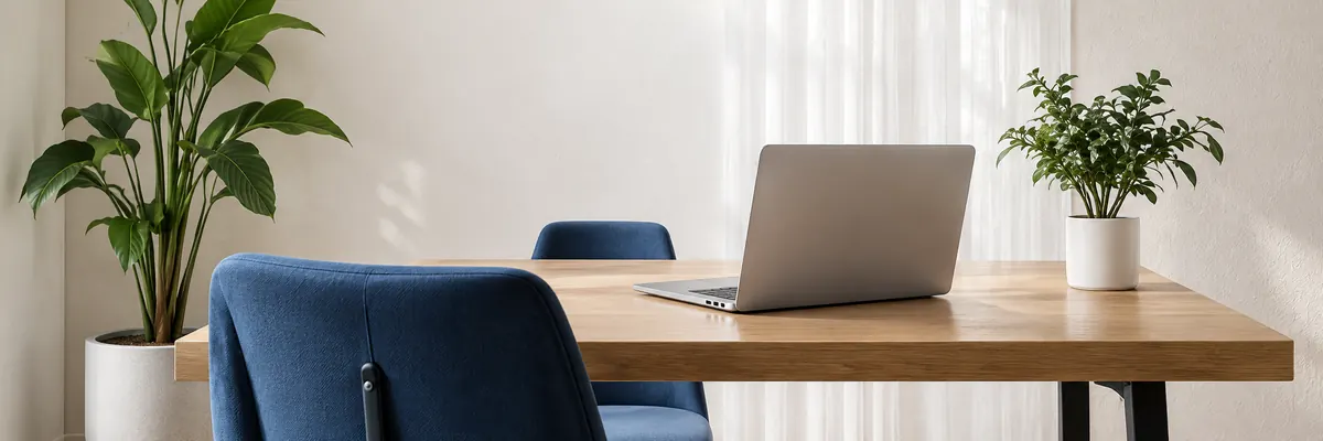 Mesa de trabajo luminosa con portátil y plantas