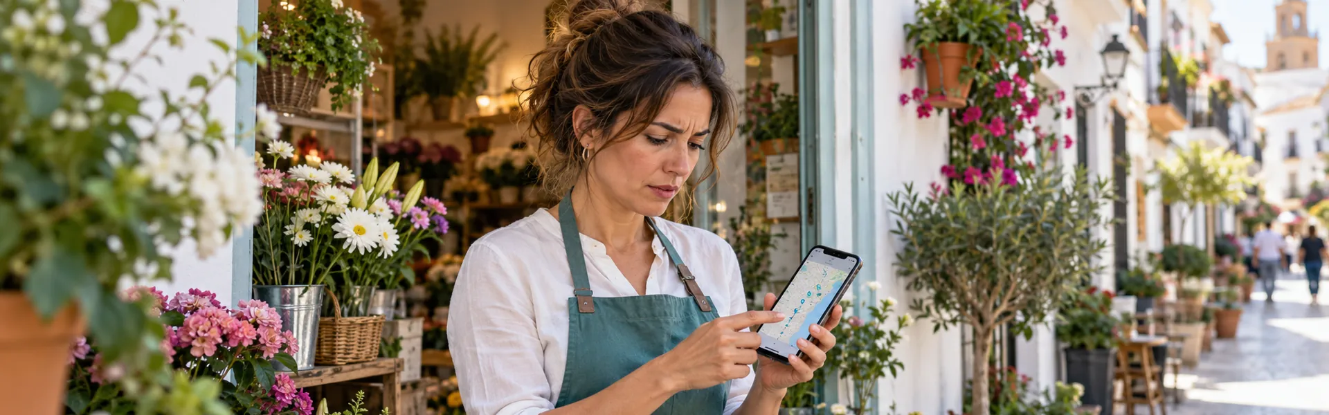 Dueña de una floristería de Málaga mira preocupada el mapa en su móvil porque su negocio no aparece en Google Maps